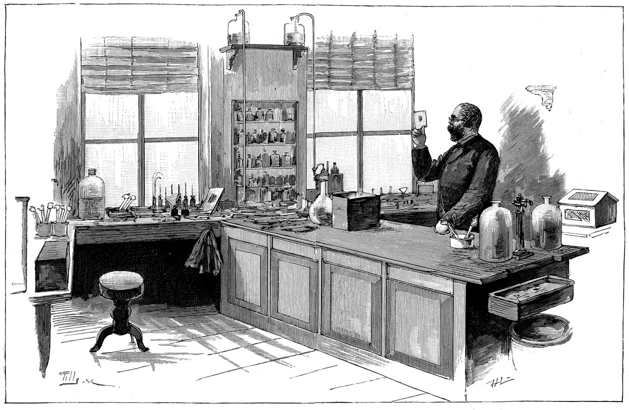 Robert Koch 1843-1910, bactériologiste et médecin allemand dans son laboratoire - Unbekannt