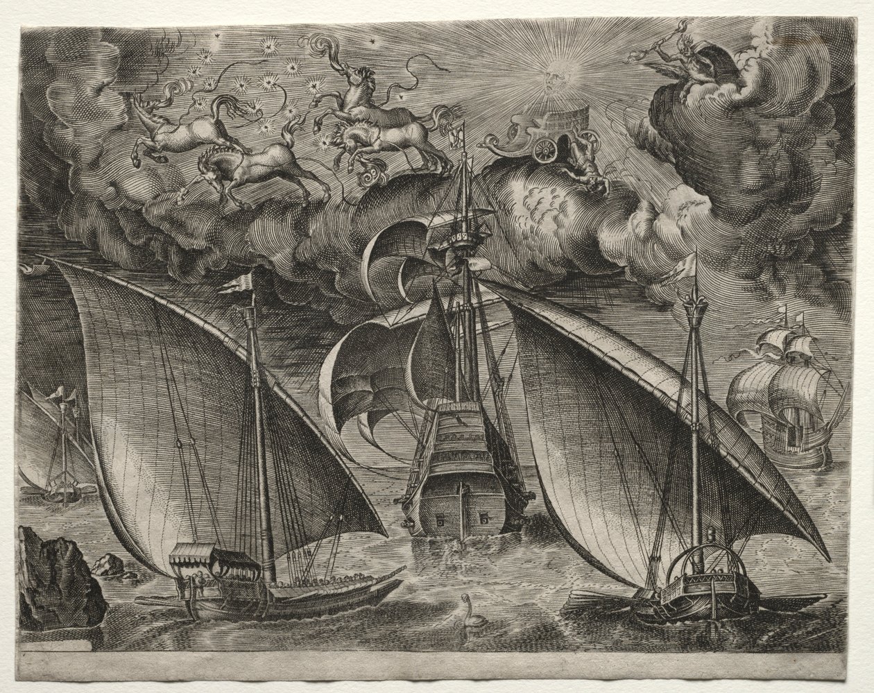 Navires à voile : Deux galères naviguant derrière un trois-mâts armé avec Phaeton..., 1561-65 - Unbekannt