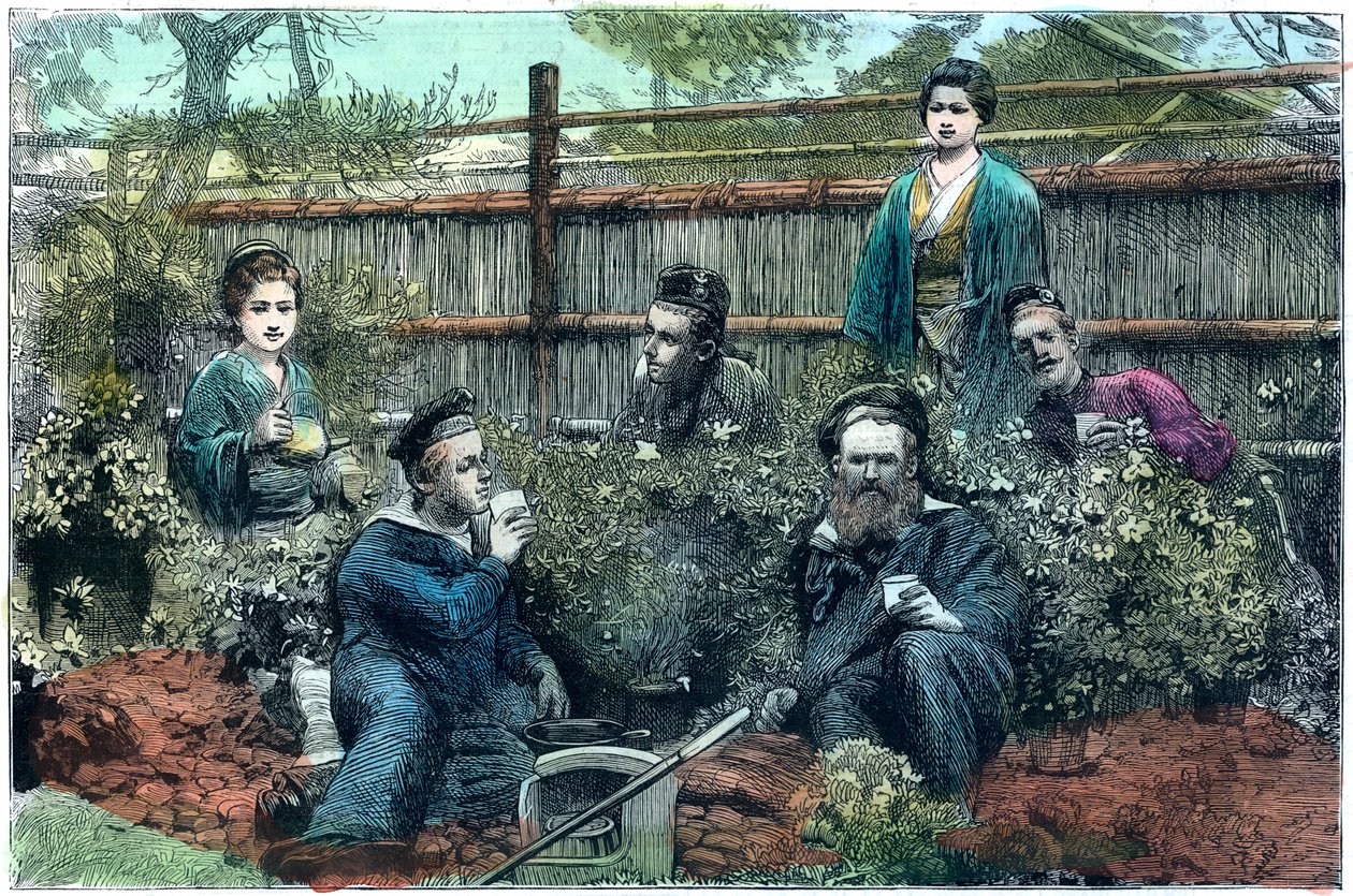 Marins du HMS Challenger prenant le thé dans une maison de thé près de Yokohama, Japon, 1888 - Unbekannt