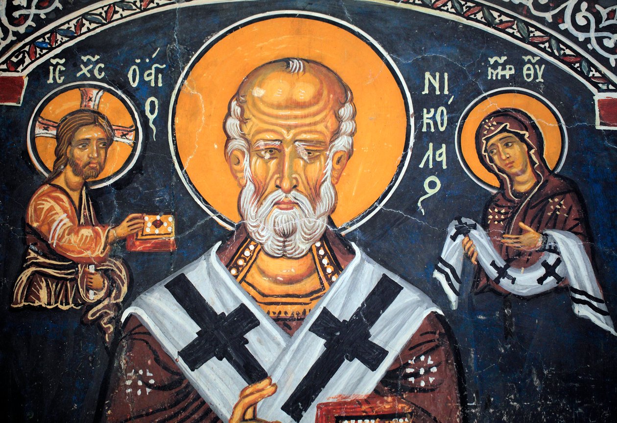 Saint Nicolas entourant le Christ et Marie, fresque byzantine du 14e siècle (1332), mur sud du narthex, église Phorbiotissa, Asinou, Chypre - Unbekannt