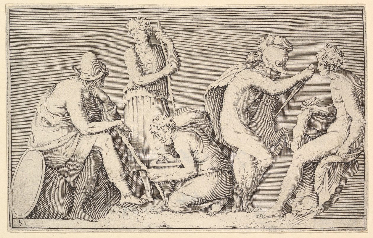 Scène de Sacrifice avec Guerrier Tuant un Bélier et Quatre Autres Figures - Unbekannt