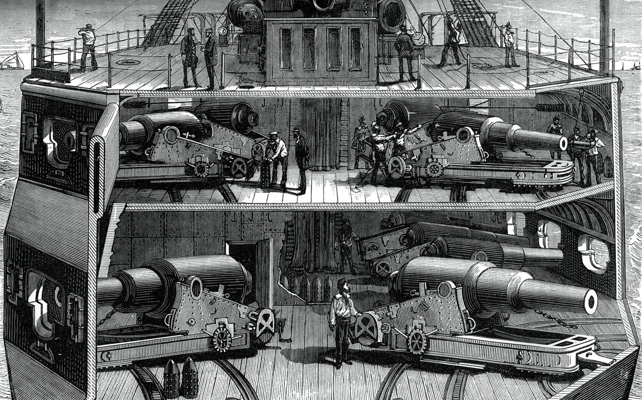 Vue en coupe des batteries dans la frégate cuirassée Alexandra, vers 1880 - Unbekannt