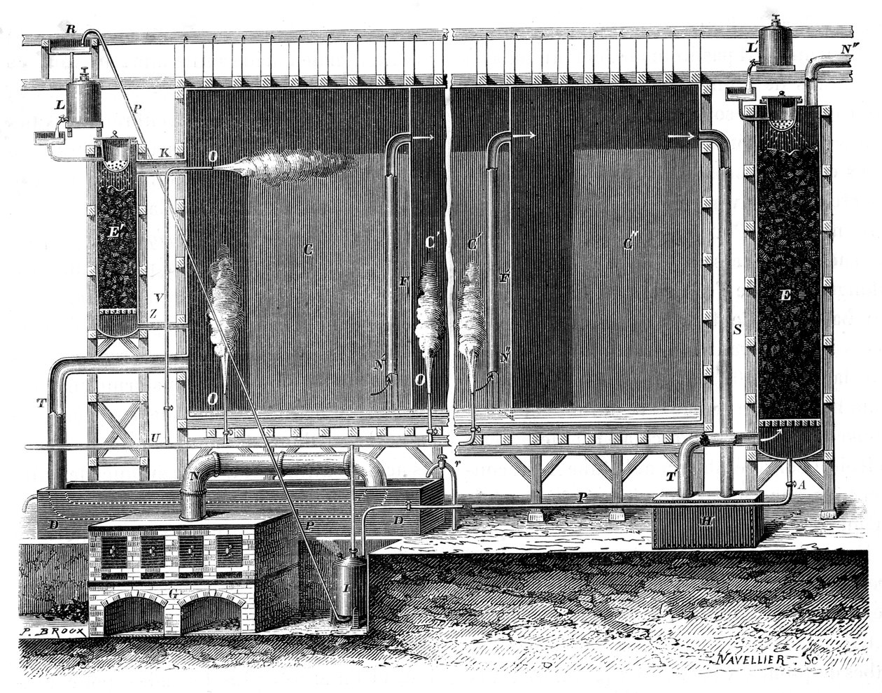 Vue en coupe des chambres de plomb et des tours d