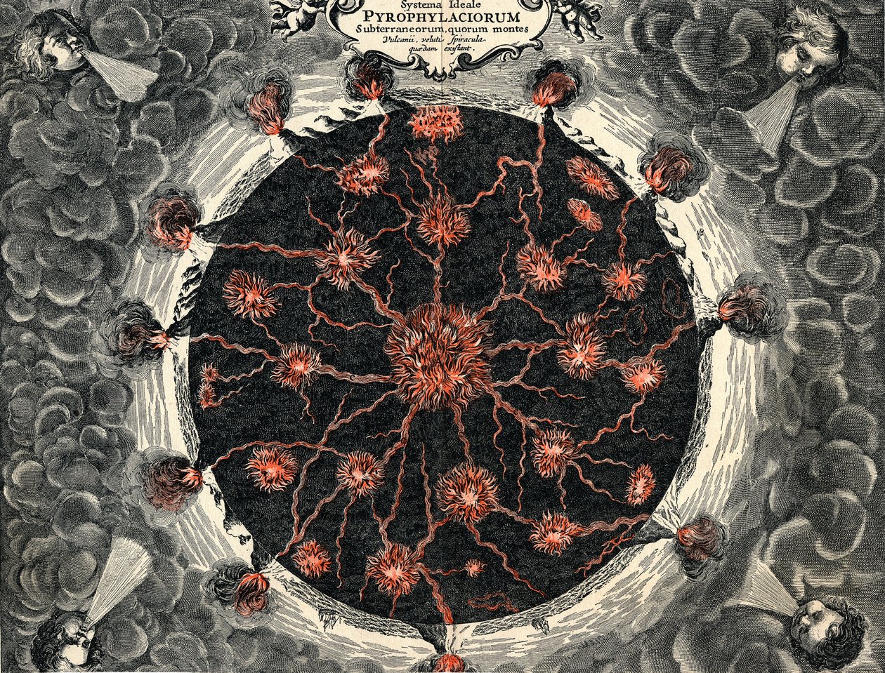Vue en coupe de la Terre, montrant le feu central et les volcans, 1665 - Unbekannt