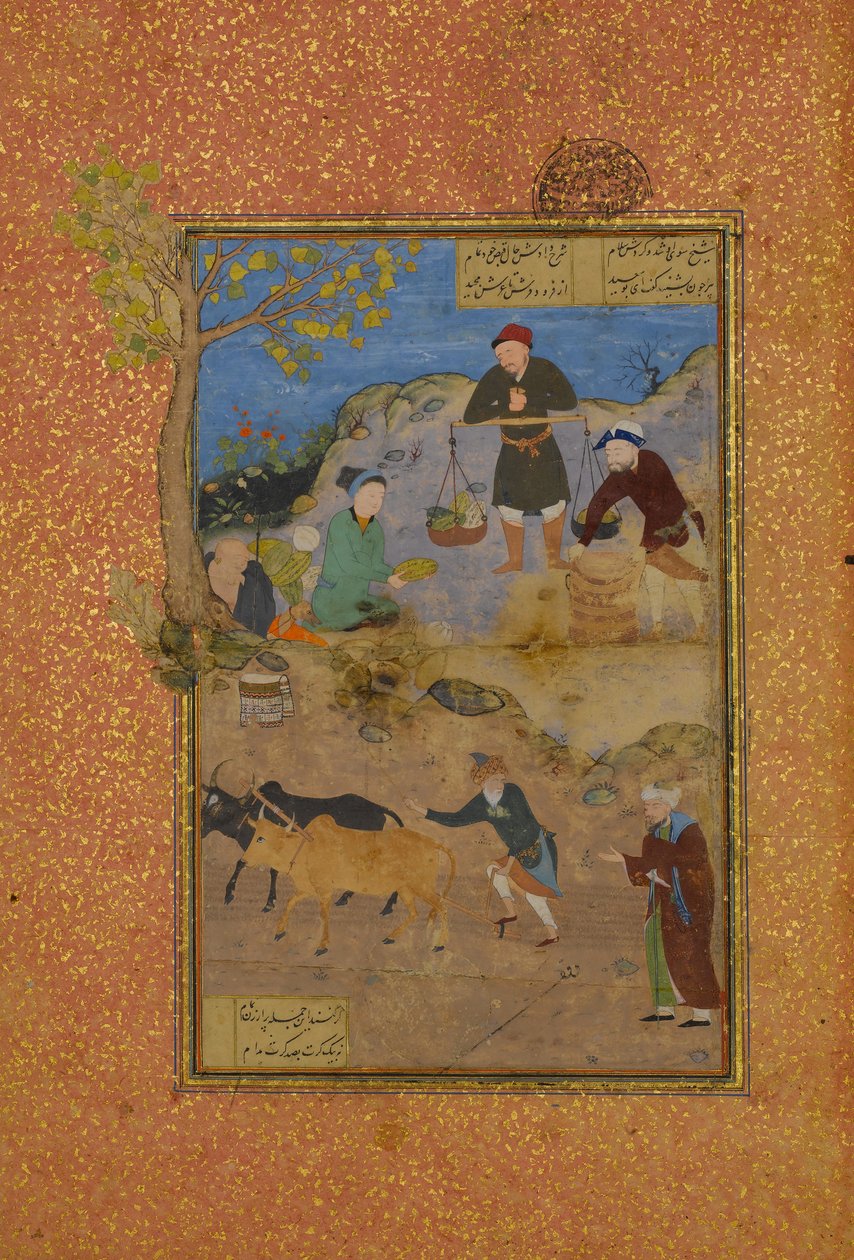 Shaikh Mahneh et le villageois, Folio 49r du Mantiq al-tair Langage des oiseaux - Unbekannt