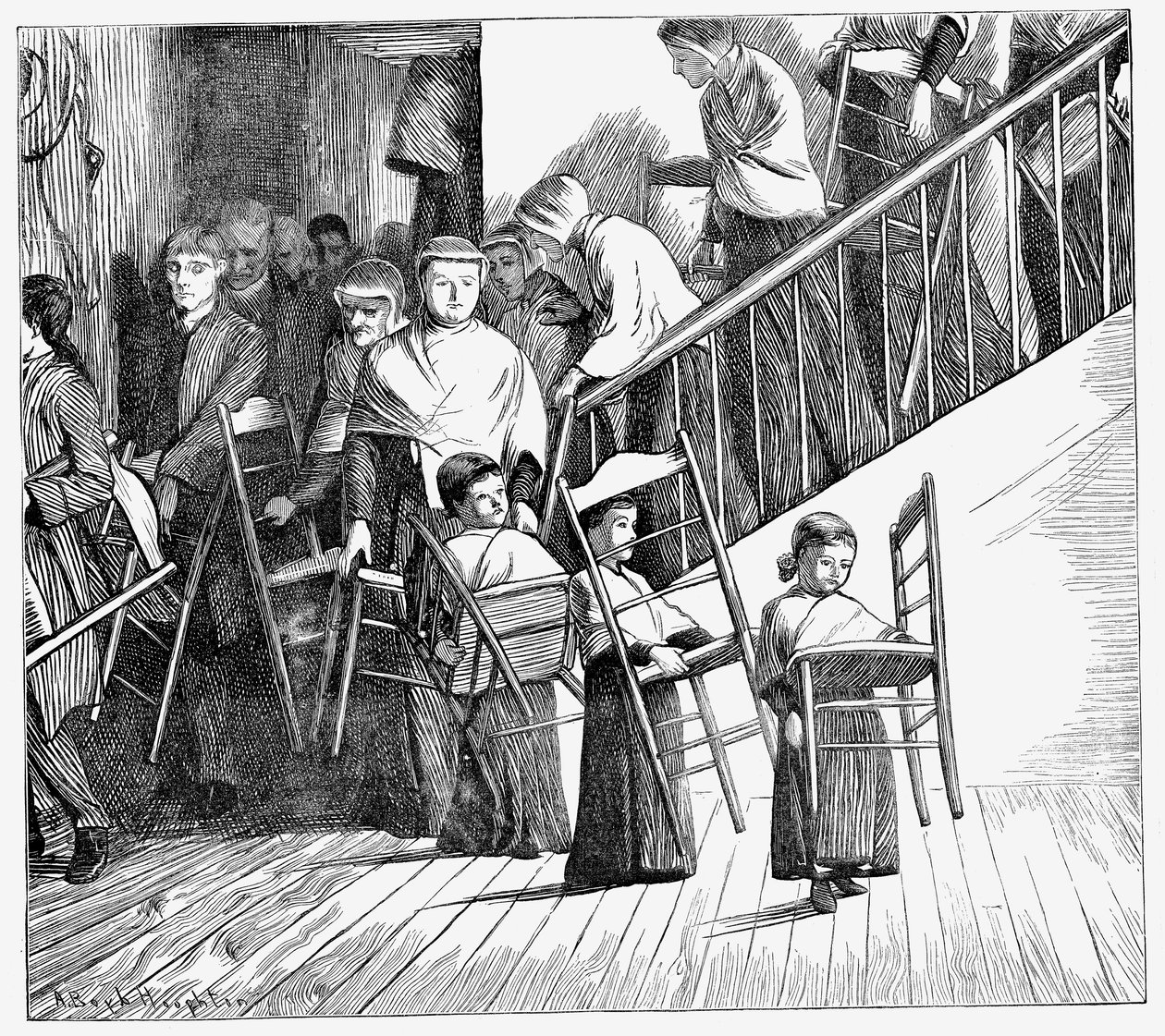 Communauté Shaker allant dîner, chacun portant sa propre chaise Shaker, État de New York, 1870 - Unbekannt
