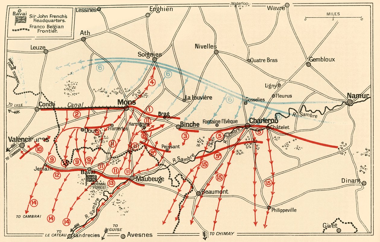 Croquis des principales opérations près de Mons et Charleroi, vers 1914, vers 1920 - Unbekannt