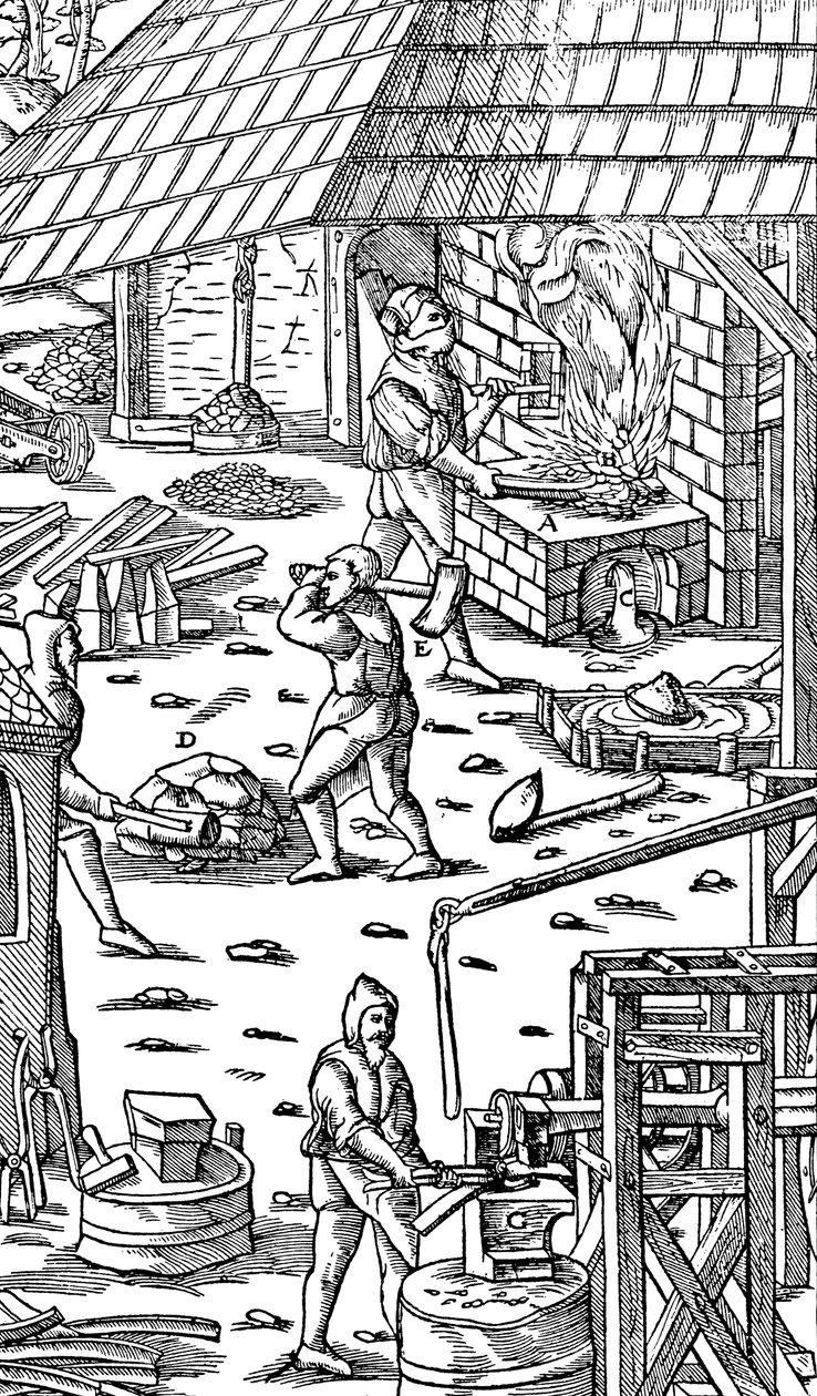 Fusion du fer et martelage des barres avec un marteau mécanique, 1556 - Unbekannt