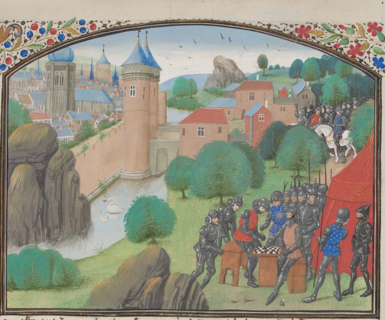 Soldats jouant aux dés devant la ville de Césarée. Miniature de l