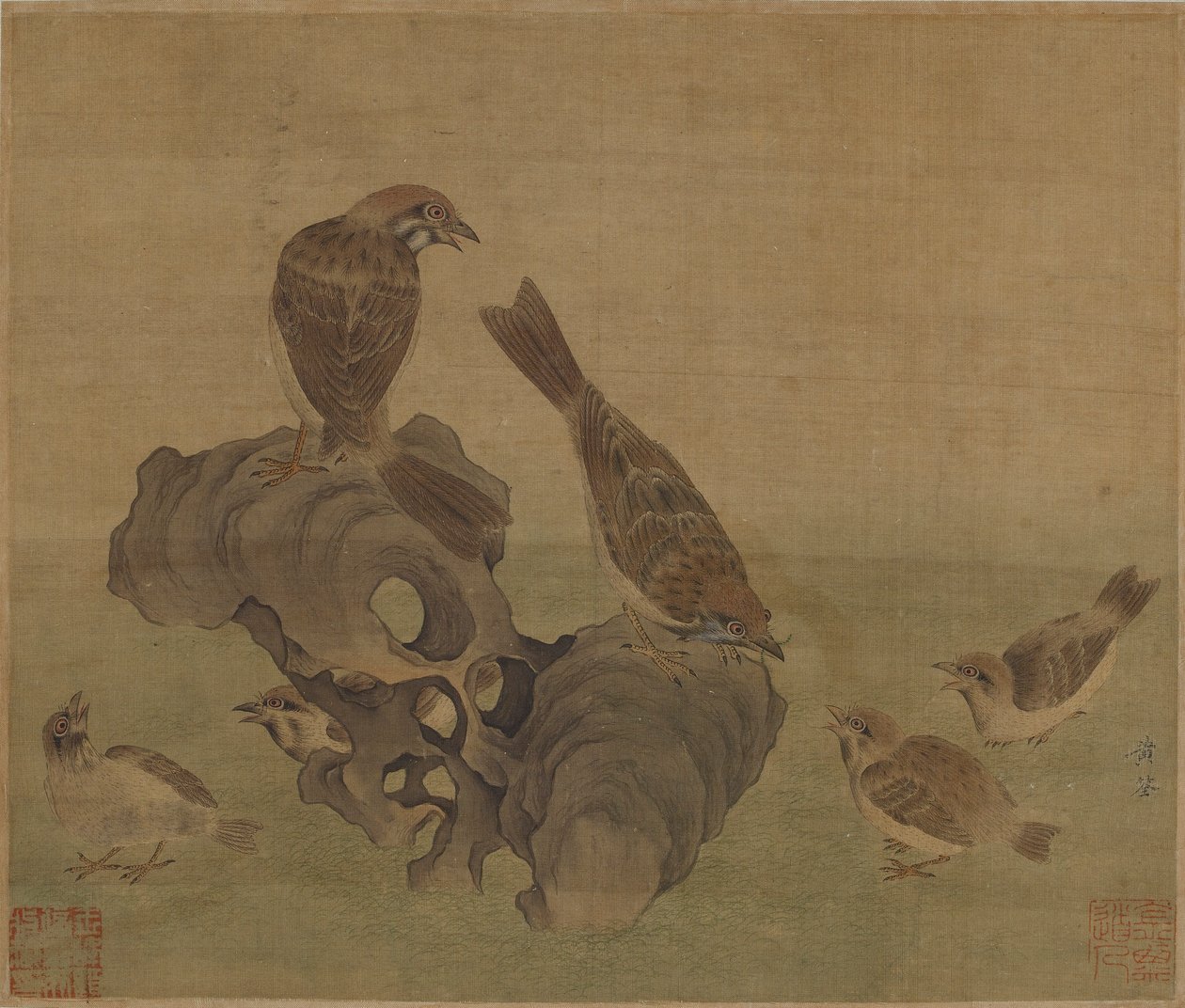 Moineaux nourrissant leurs petits, dynastie Ming ou Qing, XVIIe siècle - Unbekannt