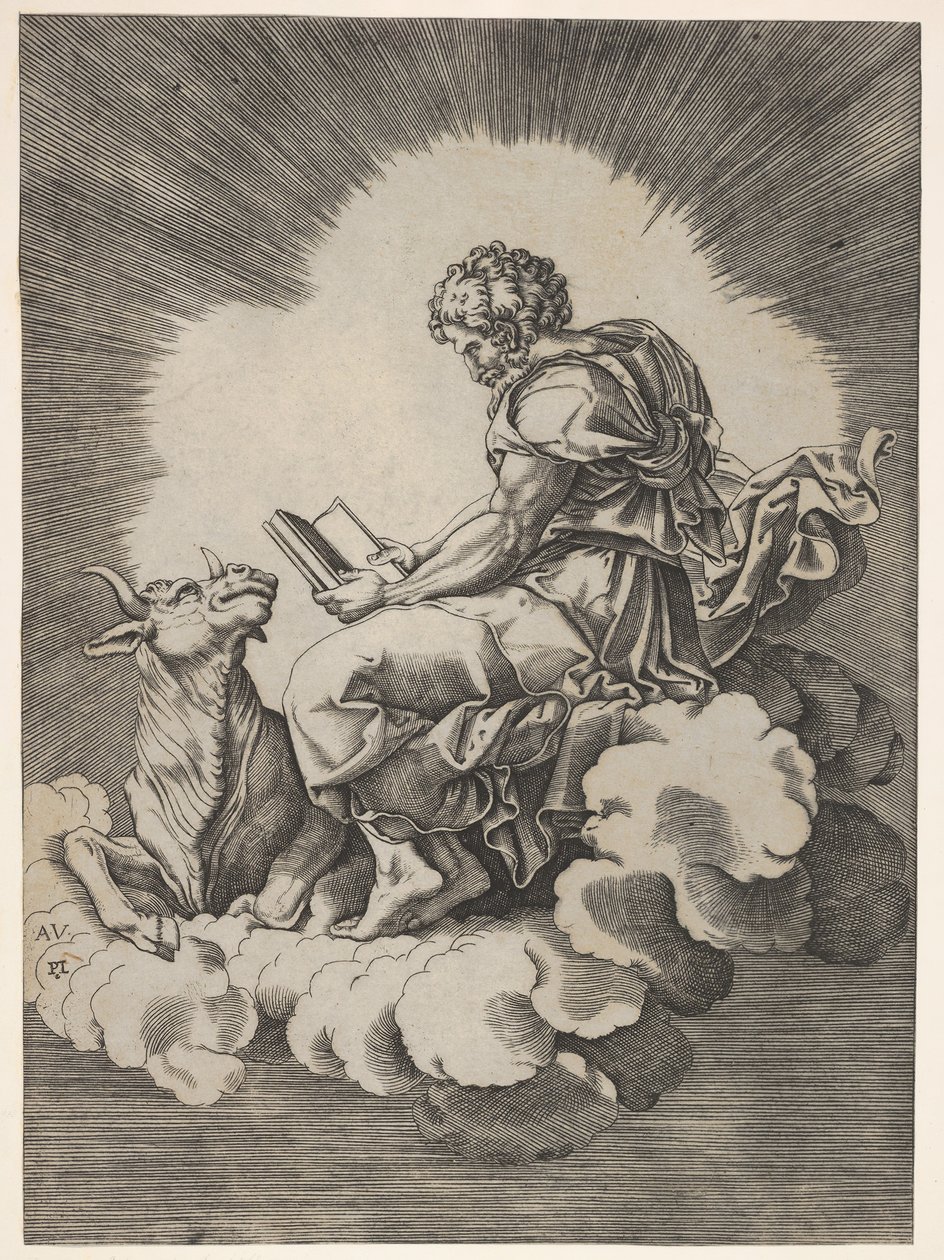 Saint Luc, assis sur un nuage avec un livre ouvert dans les mains, un taureau couché à ses pieds - Unbekannt