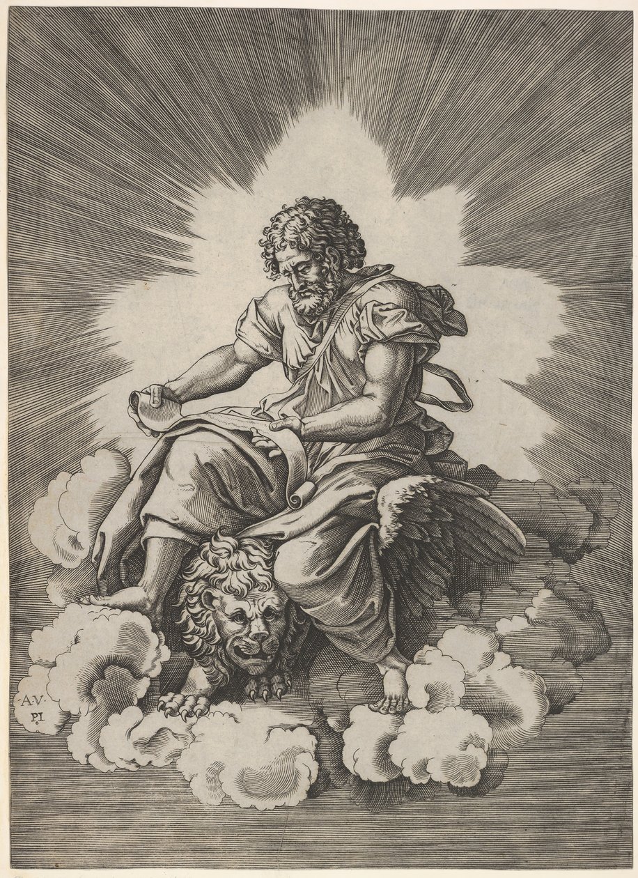 Saint Marc, assis avec un parchemin déroulé dans ses mains, une tête de lion ailé et..., après 1518 - Unbekannt