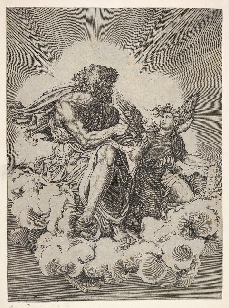 Saint Matthieu, assis sur un nuage avec les jambes croisées et trempant une plume dans un encrier - Unbekannt