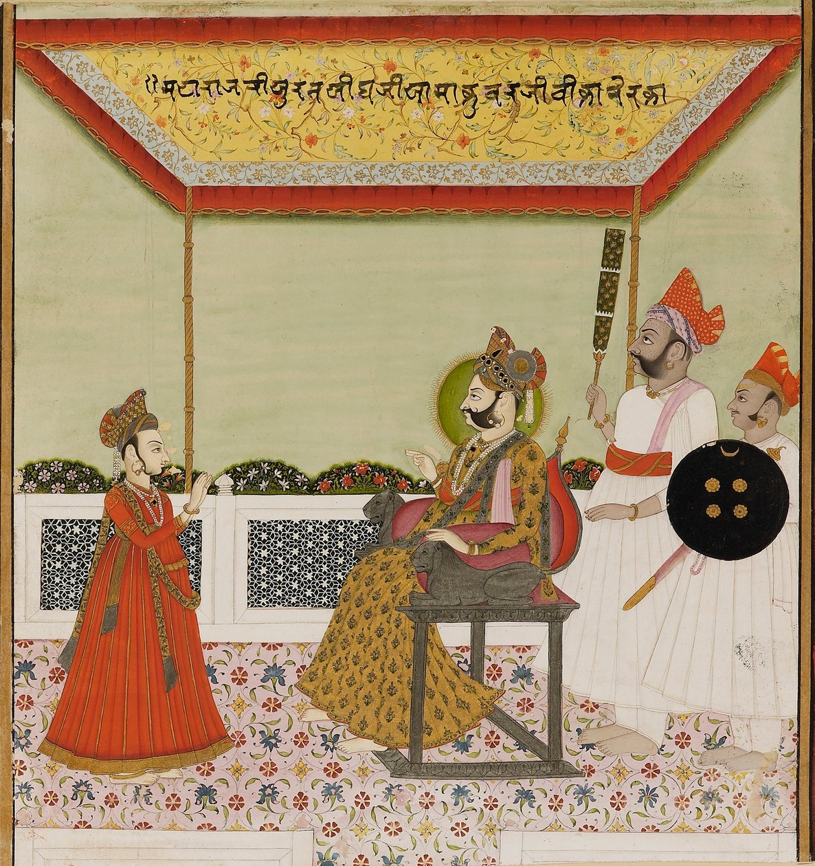 Surat Singh assis sur un trône armé de lions et recevant son jeune fils, vers 1800 - Unbekannt