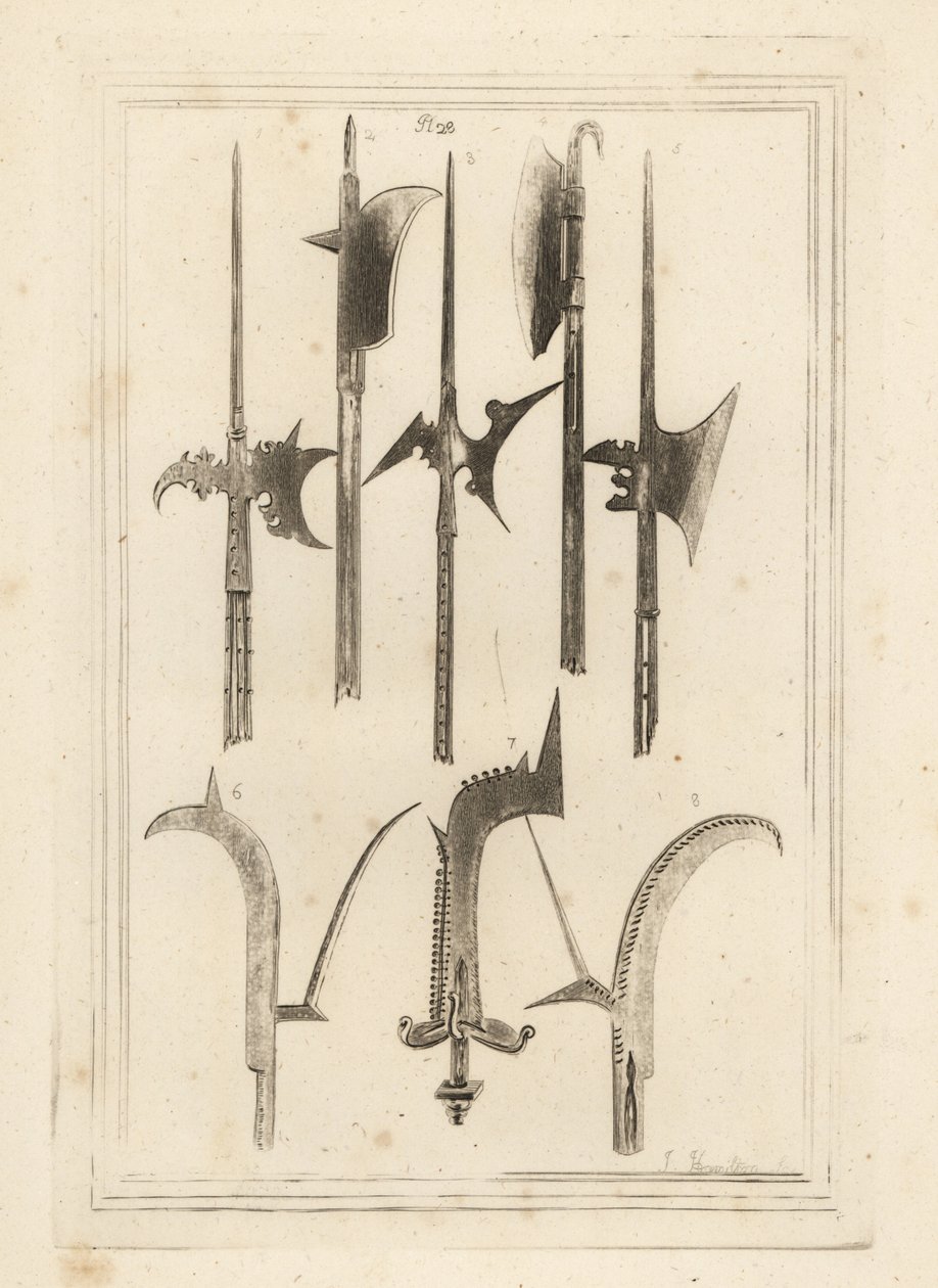 Lame de hallebarde 1,3,5, billot brun 2, hache de Lochaber 4, billot ancien 6, billot à main avec petites cloches 7, et billot trouvé à Battefield, Shrewsbury 8 - Unbekannt