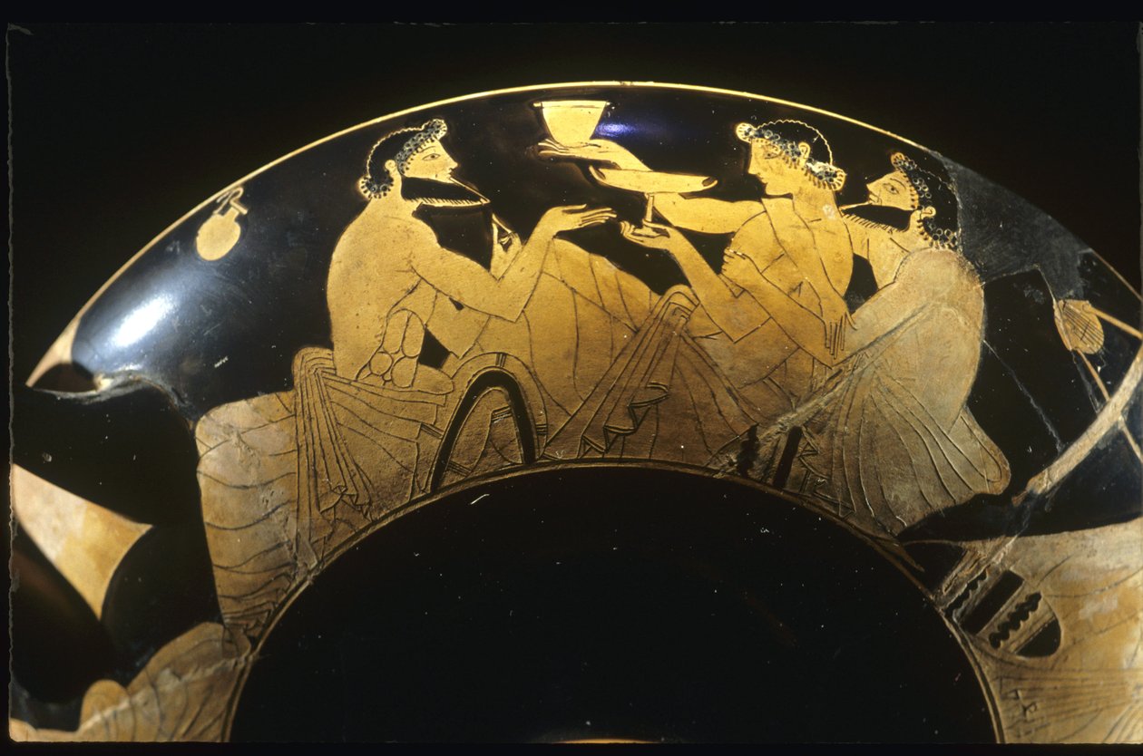 Scène de symposium sur un kylix attique à figures rouges, coupe à vin, 5ème siècle av. J.-C. - Unbekannt