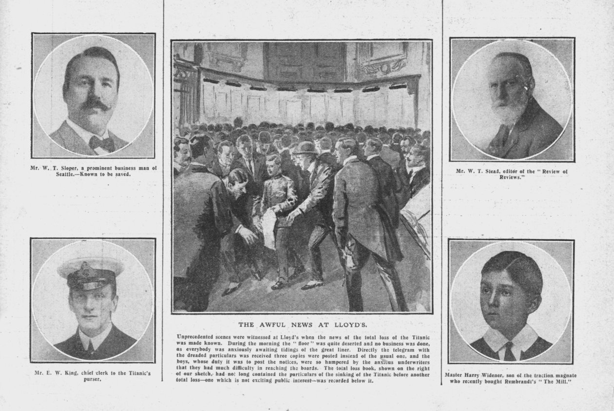 La terrible nouvelle à Lloyds, avec des portraits de certains de ceux à bord du Titanic, 20 avril 1912 - Unbekannt
