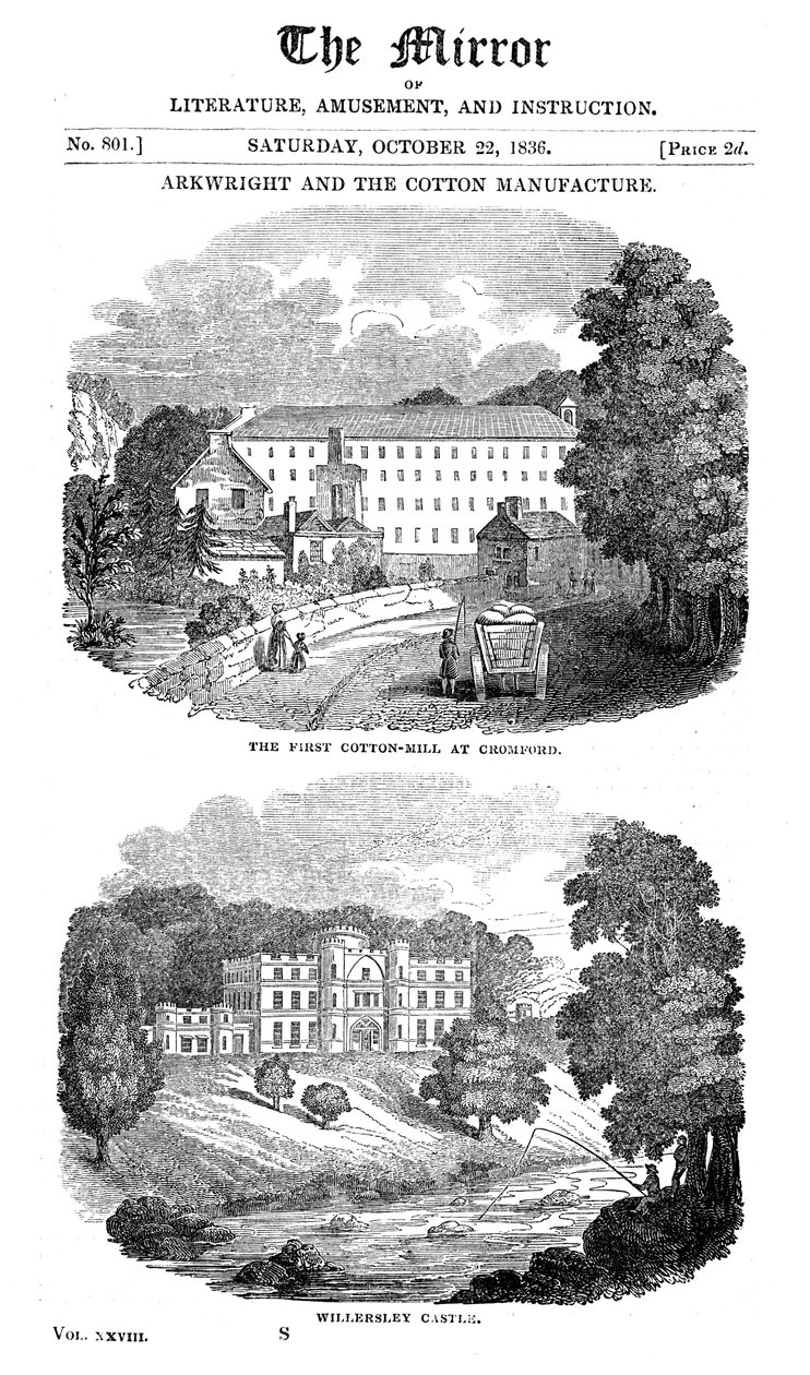 La première filature de coton à Cromford, Derbyshire, et la maison de Richard Arkwright, 1836 - Unbekannt