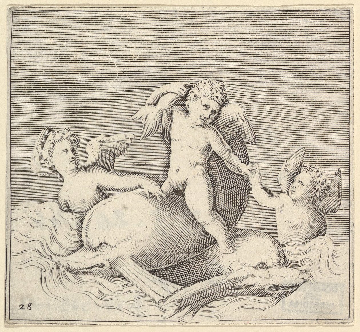 Trois cupidons et deux dauphins, publié vers 1599-1622 - Unbekannt