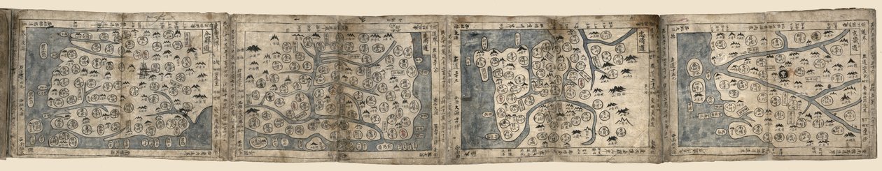Titre de la couverture. Les feuilles sont jointes bout à bout et pliées en accordéon. Étiquette collée au verso de la carte de Hamgyŏng-do : Bunkŏdŏ Shoten. Disponible également via le site Web de la Bibliothèque du Congrès en tant qu