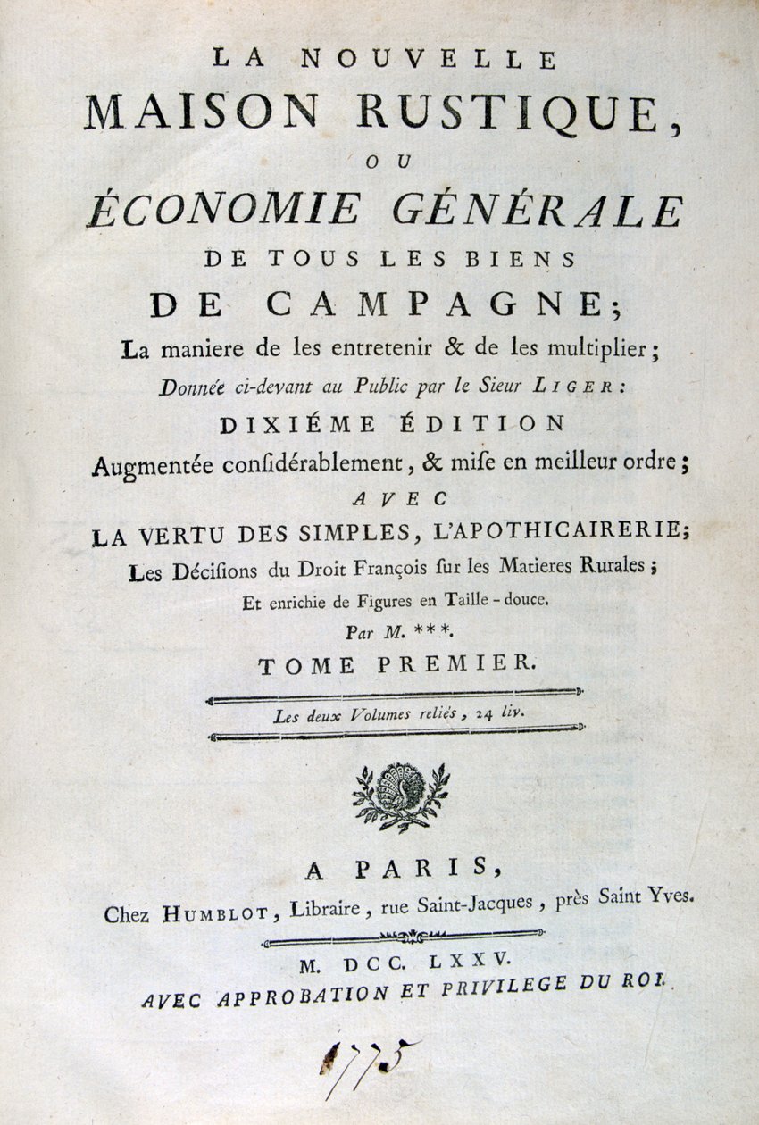 Page de titre de La Nouvelle Maison Rustique, ou Économie Générale, 1775 - Unbekannt