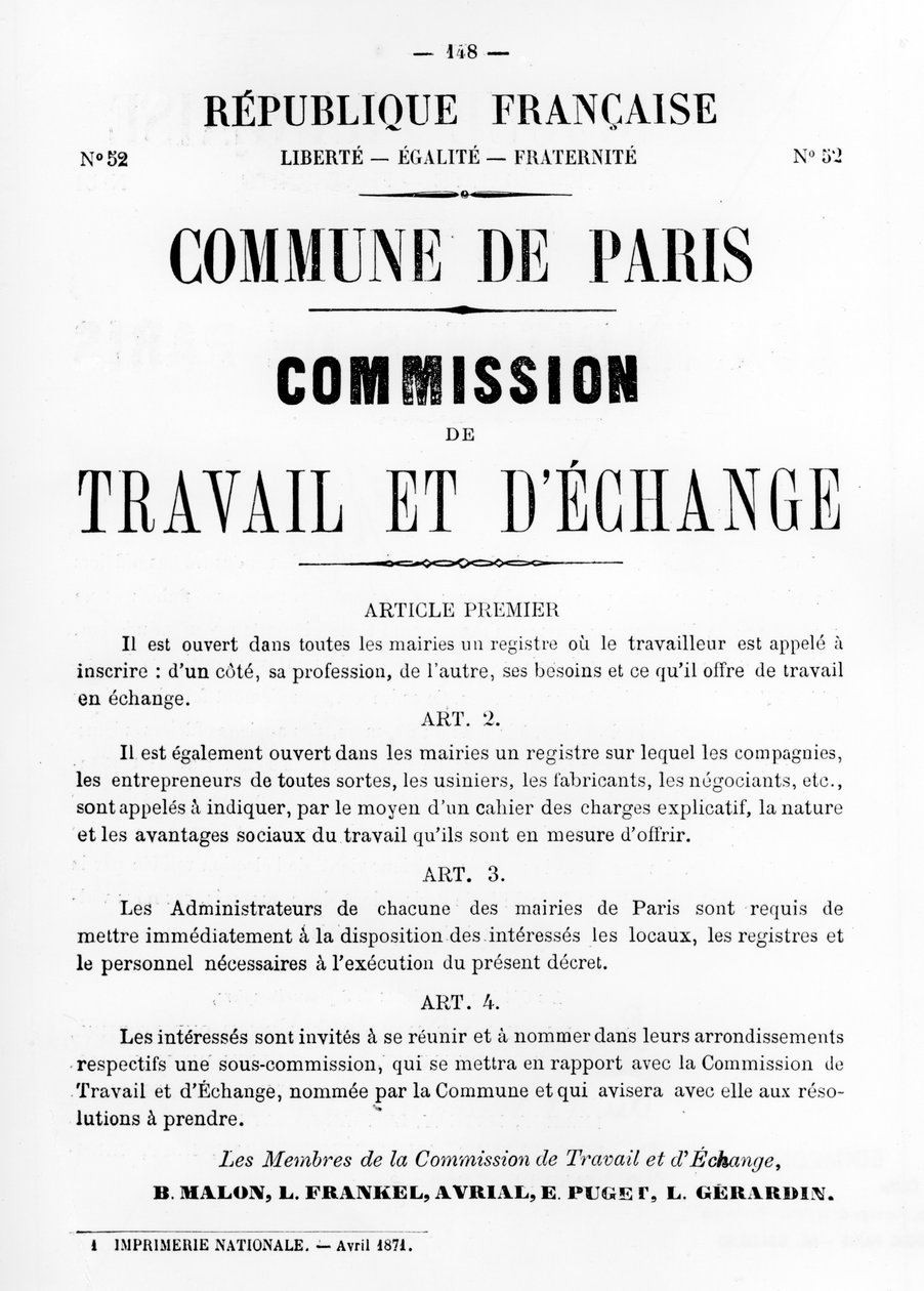 Travail et Échange, des affiches politiques françaises de la Commune de Paris, mai 1871 - Unbekannt