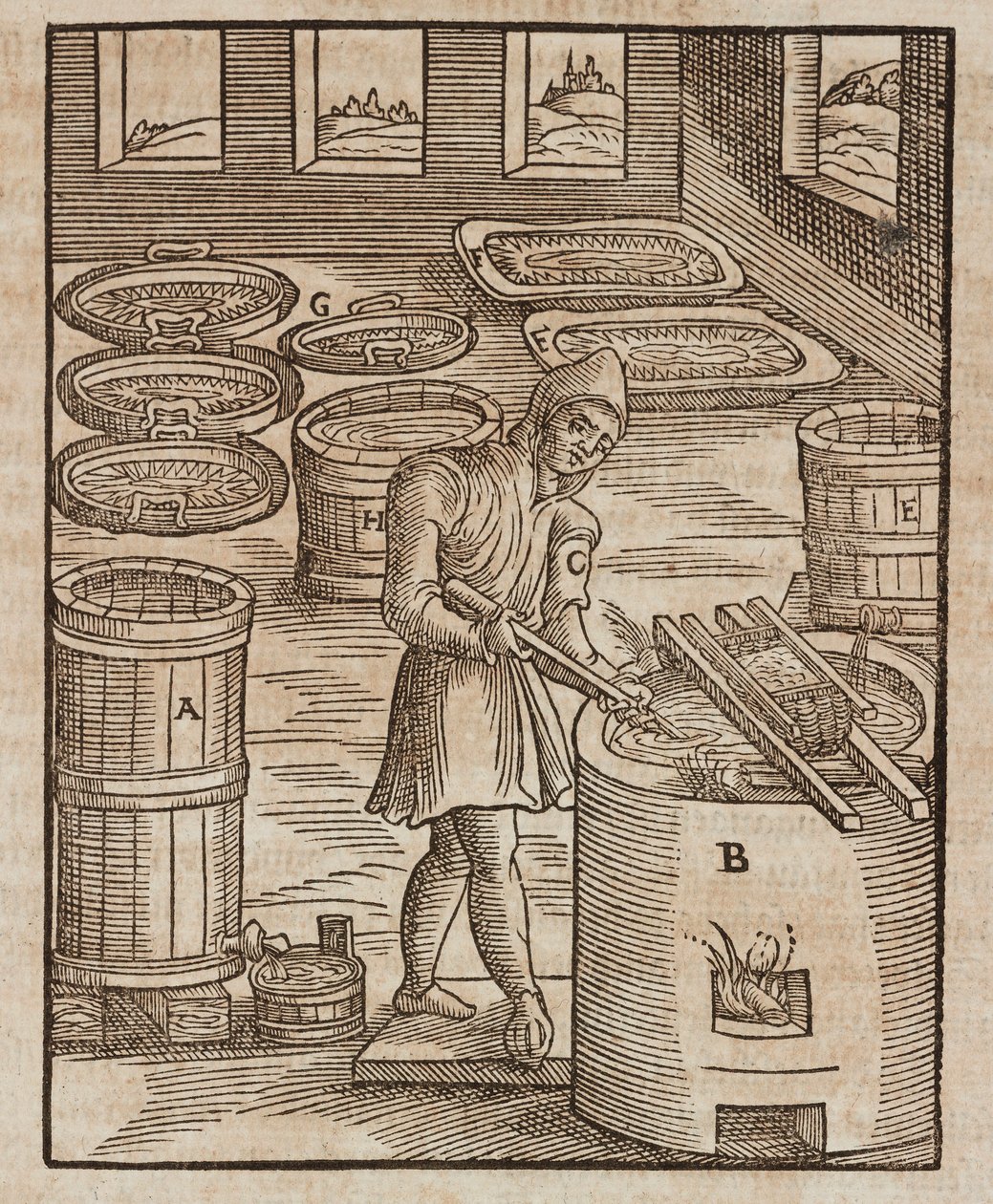 Un homme teste le salpêtre, utilisé dans la poudre à canon et la conservation de la viande - Gravure extraite de Description des minerais et des principales méthodes d