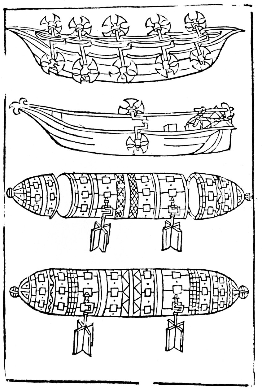 Diverses formes de bateaux à aubes pour la guerre, 1483 - Unbekannt