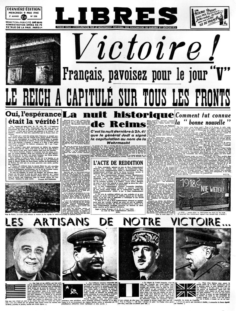 Victoire !, première page du journal Libres, 9 mai 1945 - Unbekannt