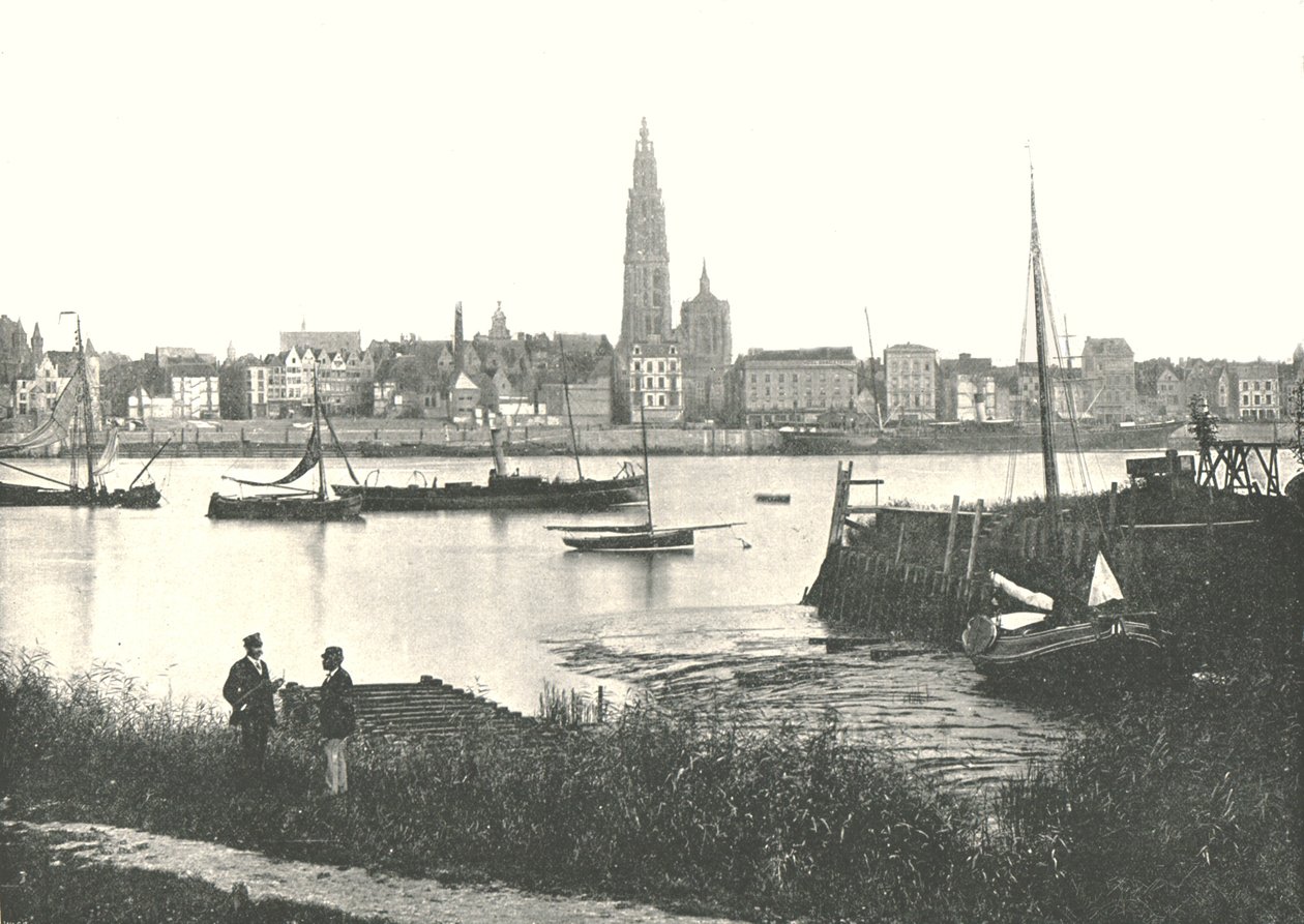 Vue à travers la rivière vers la cathédrale, Anvers, Belgique, 1895 - Unbekannt