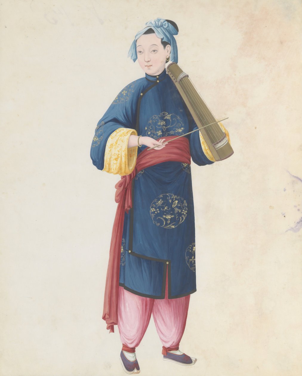 Aquarelle de musicien jouant du qin à archet, fin du 18e siècle - Unbekannt