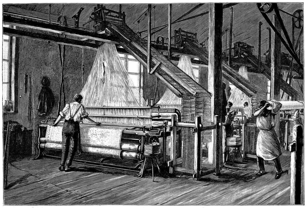 Atelier de tissage équipé de métiers Jacquard, vers 1880 - Unbekannt