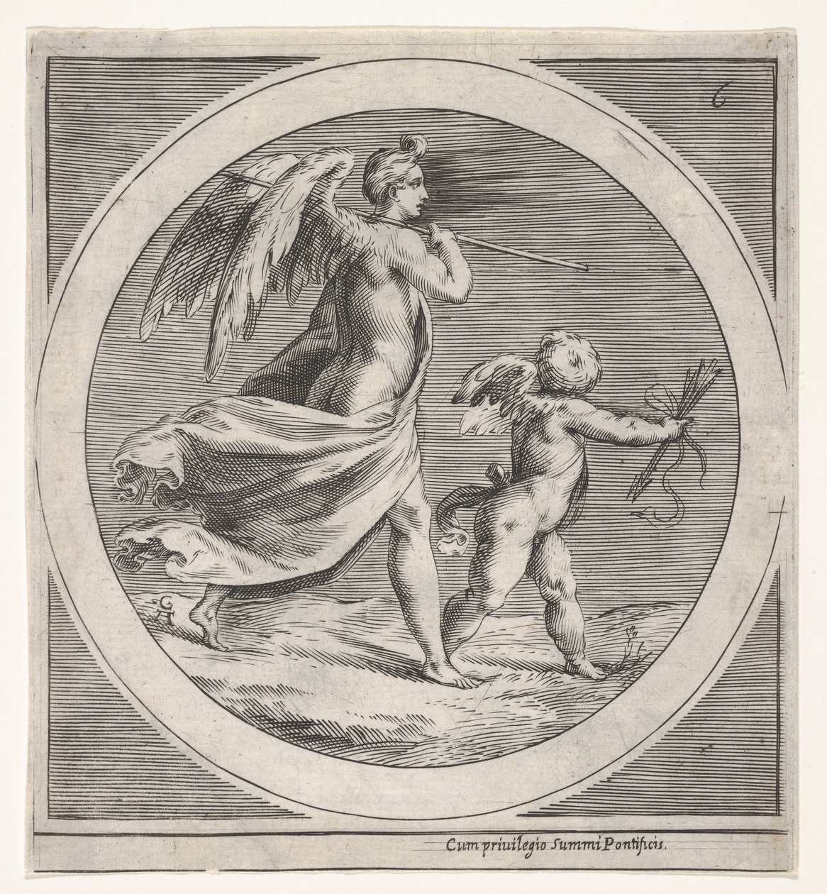 Figure féminine ailée, drapée et portant un bâton, marchant derrière un putto ailé..., vers 1550-1600 - Unbekannt