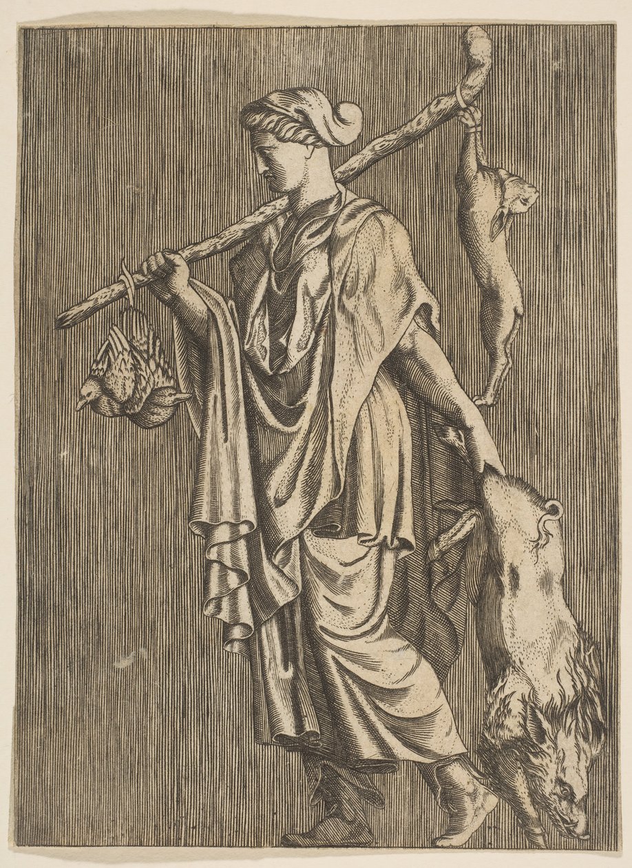 Femme revenant de la chasse portant un sanglier dans sa main gauche et un bâton sur son r..., vers 1515-1600 - Unbekannt