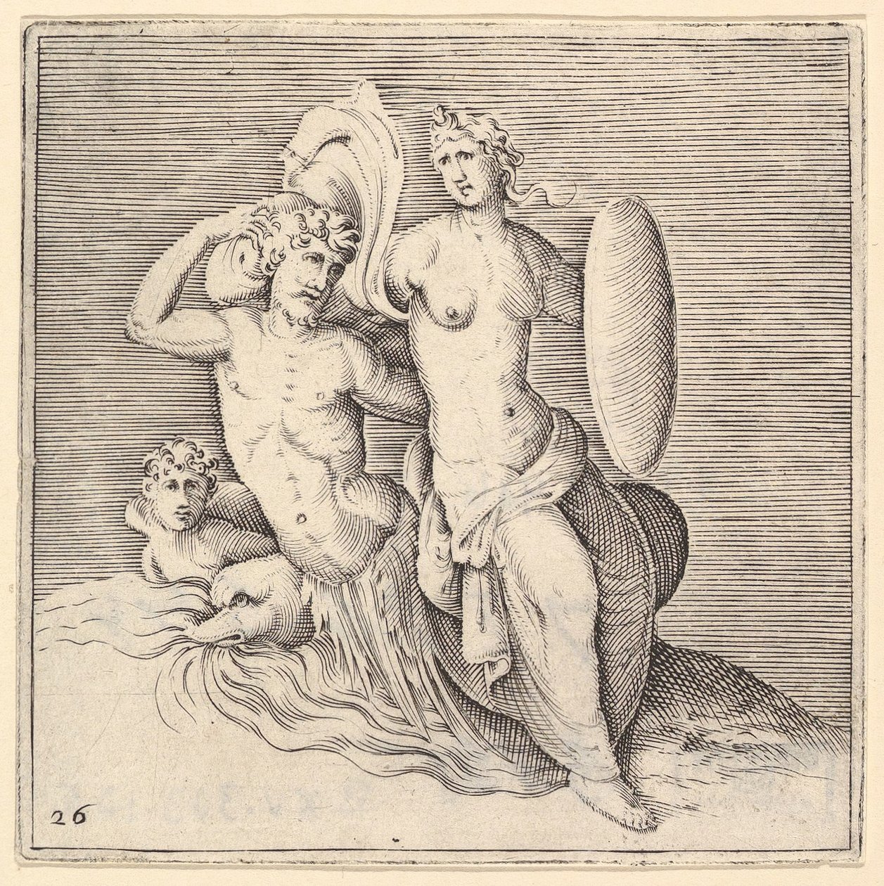 Femme avec un bouclier assise sur un monstre marin - Unbekannt