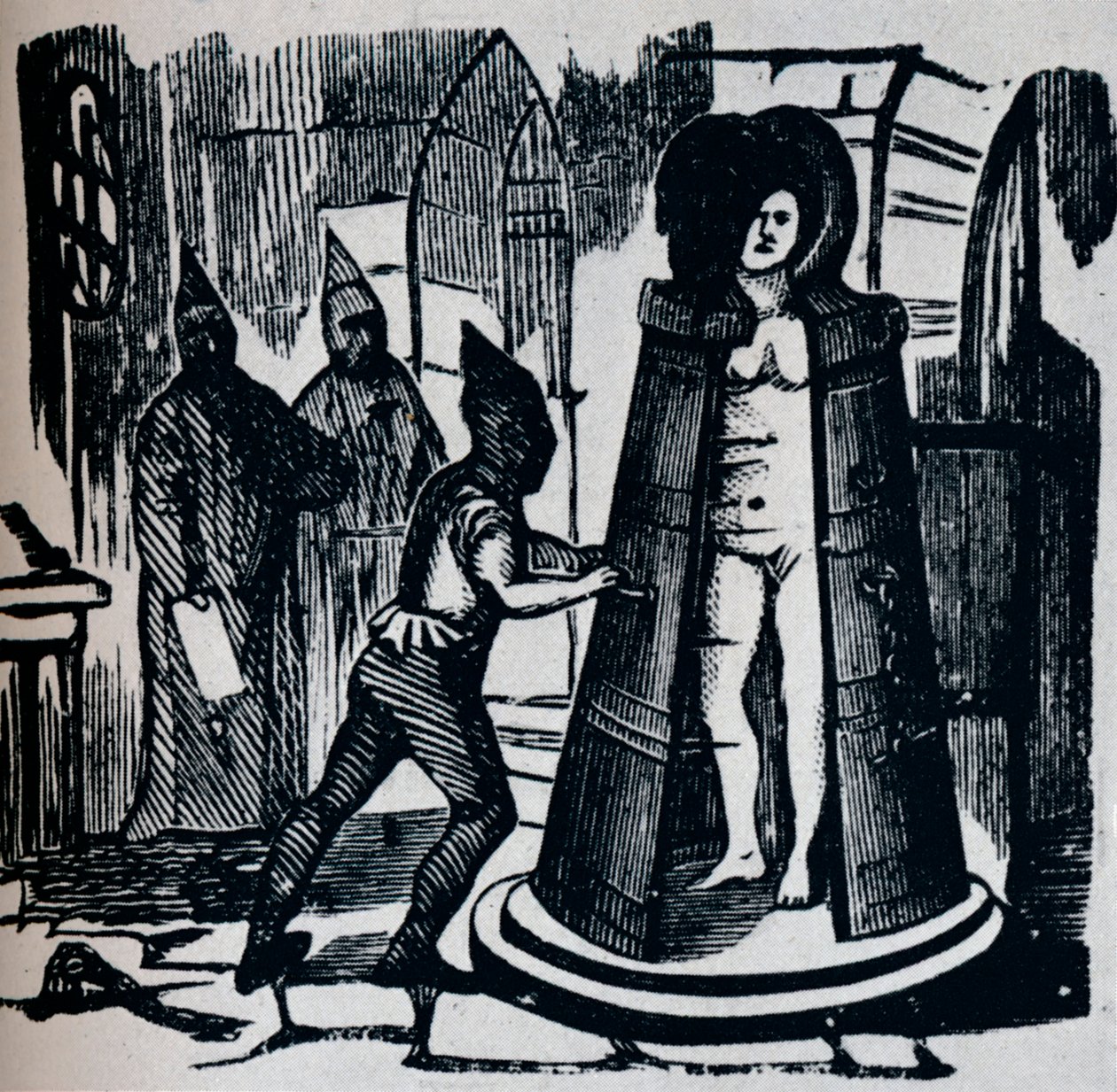 Gravure sur bois montrant la Vierge de fer de Geuders dans une chambre de torture, vers 1870 - Unbekannt
