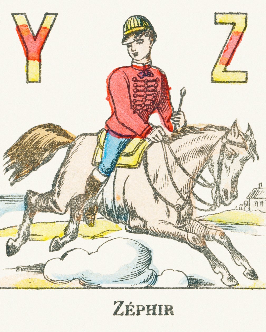 Z : Zéphir, un cavalier galopant sur son cheval nommé Zéphyr - Alphabet des jeux, c.1890 - Unbekannt