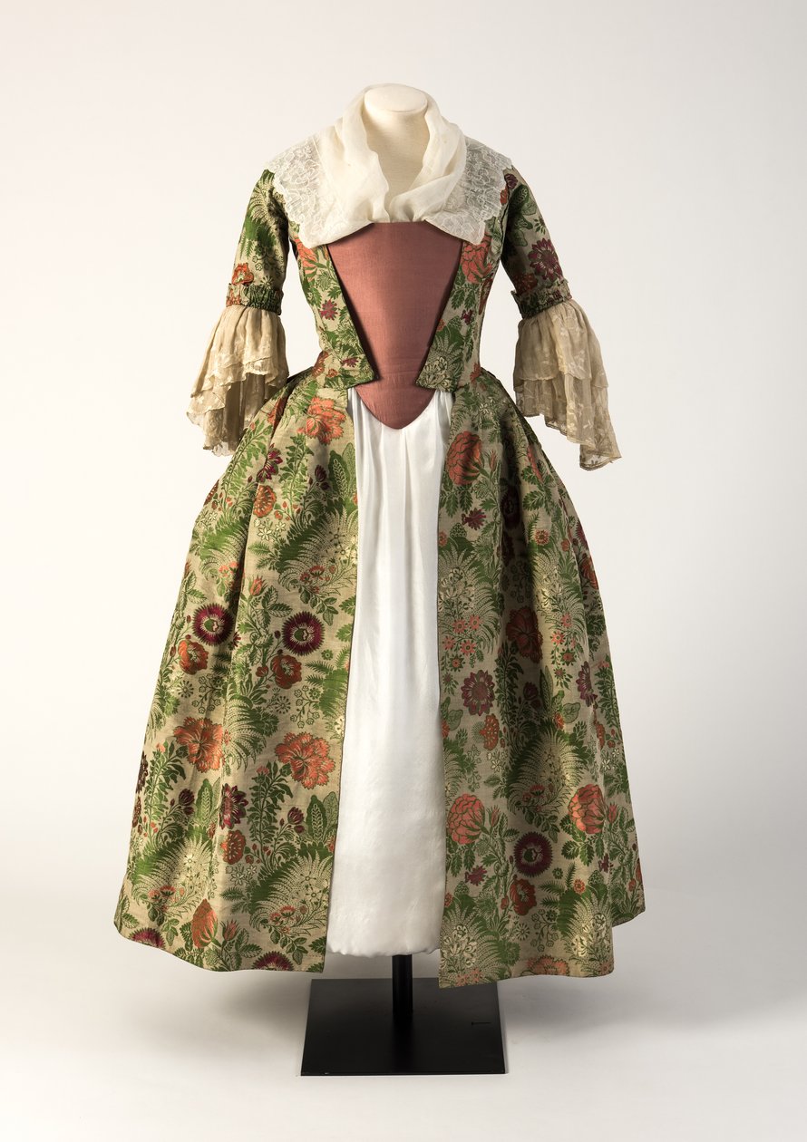 Robe ouverte en soie brodée verte et rose, 1730s - Unbekannt Unbekannt