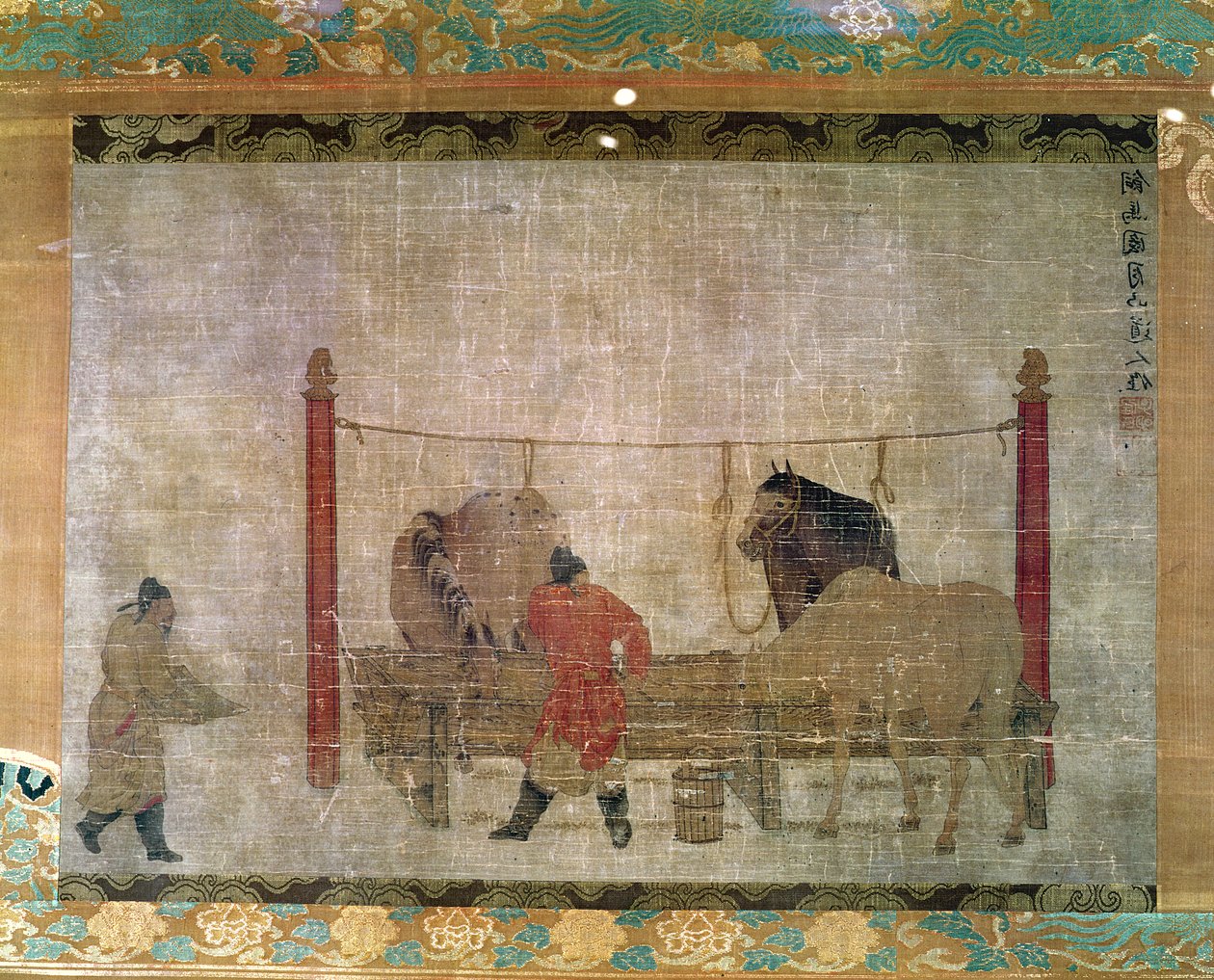 Pendaison, représentant des palefreniers nourrissant des chevaux, encre et aquarelle sur soie, attribué à Jen Jen-Far, chinois, XIVe siècle - Unbekannt Unbekannt