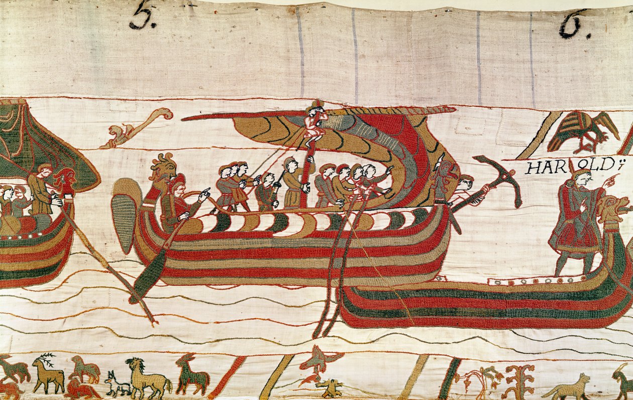 Les navires sont poussés par les vents vers le territoire du comte Guy de Ponthieu, Tapisserie de Bayeux - Unbekannt Unbekannt