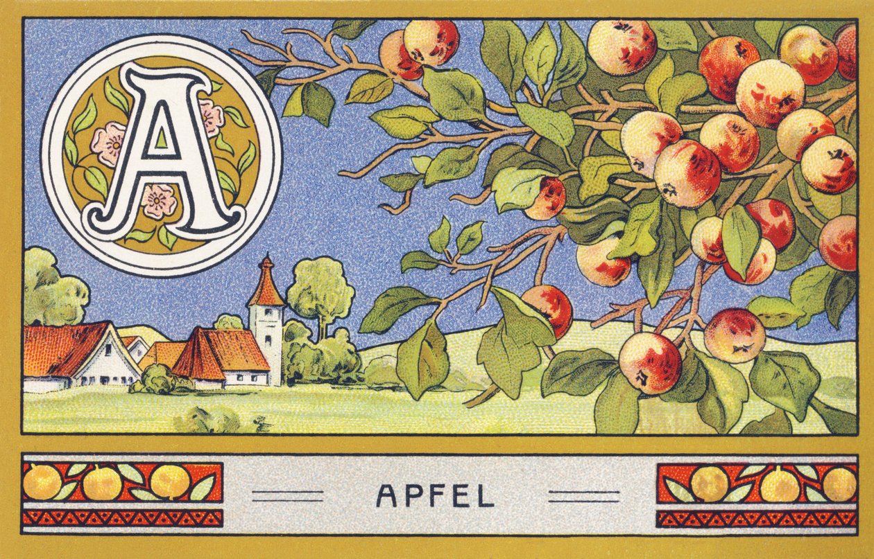 A : Apfel - Alphabet Palmin. Série de chromolithographies éditées par H. Schlinck & Cie, Hambourg, s. d. Publicité pour Palmin feinstes Cocosfett. Dimensions : 7 x 11 cm - Unbekannter Künstler