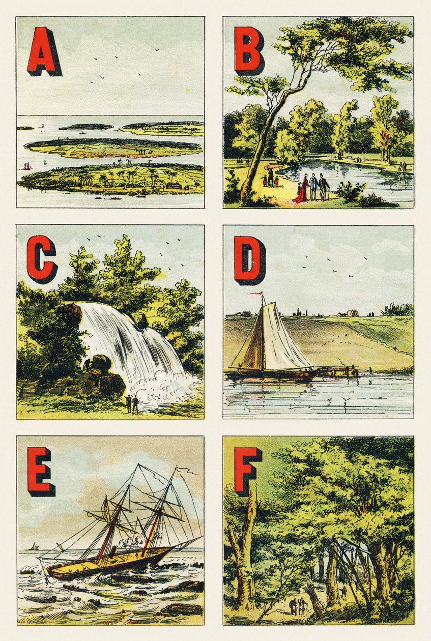 A B C D E F : Archipel, Bois de Boulogne, Cascade, Digue, Écueil, Forêt de Fontainebleau - Gravure extraite de Alphabet géographique. Guérin-Muller et Cie, éditeurs, Paris - Unbekannt