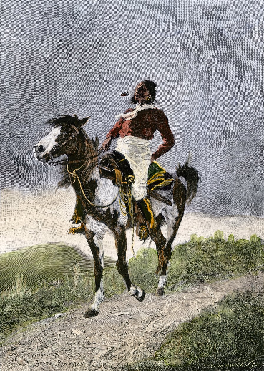 Un brave Comanche, voyageant à cheval dans les prairies du sud (Texas, Oklahoma, USA), vers 1800. Lithographie - Unbekannter Künstler