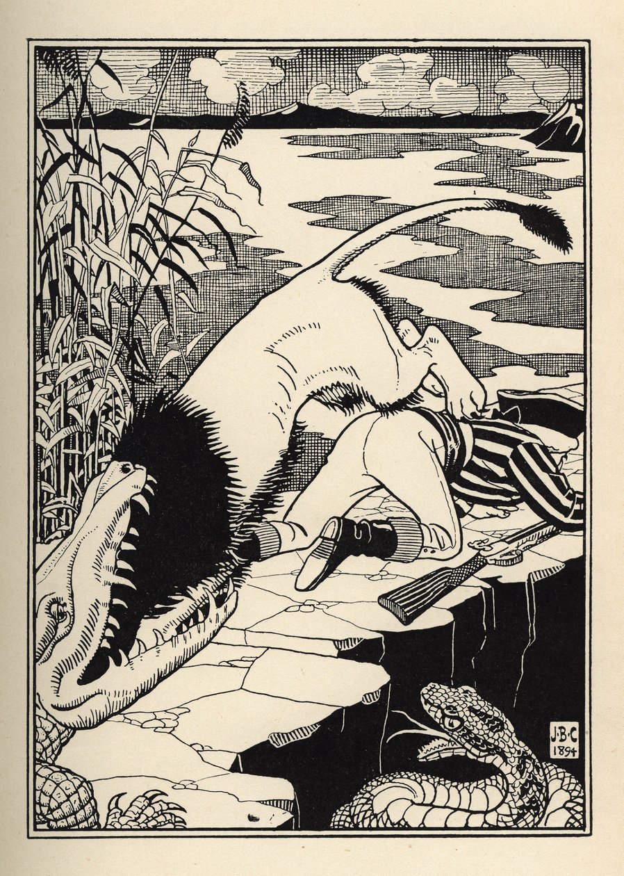 Un lion qui voulait attaquer le Baron de Münchhausen a fini avec un crocodile. Illustration de William Strang et JB Clark de « Les Aventures du Baron de Münchhausen » par Rudolf Erich Raspe (1789) - Unbekannt