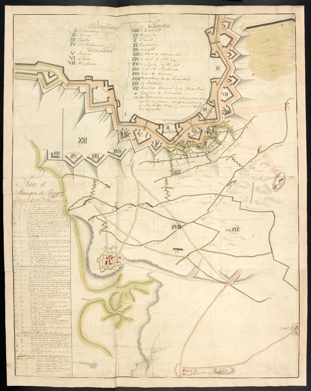 Plan teinté des travaux de siège. Journal du siège de Bergen op Zoom, par les Français, en 1747 ; précédé d