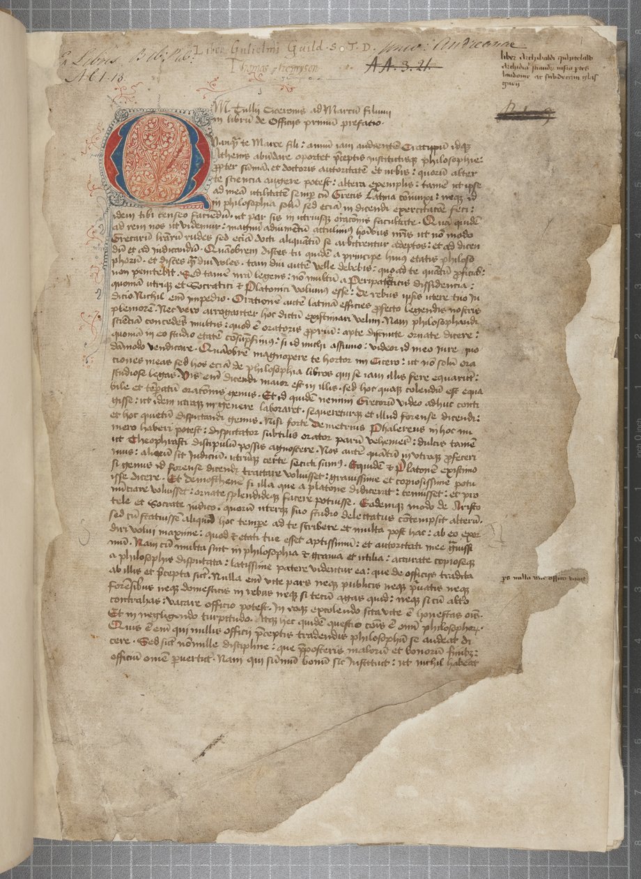 Transcription, en trois mains, des œuvres philosophiques de Marcus Tullius Cicero apparemment tirées de l