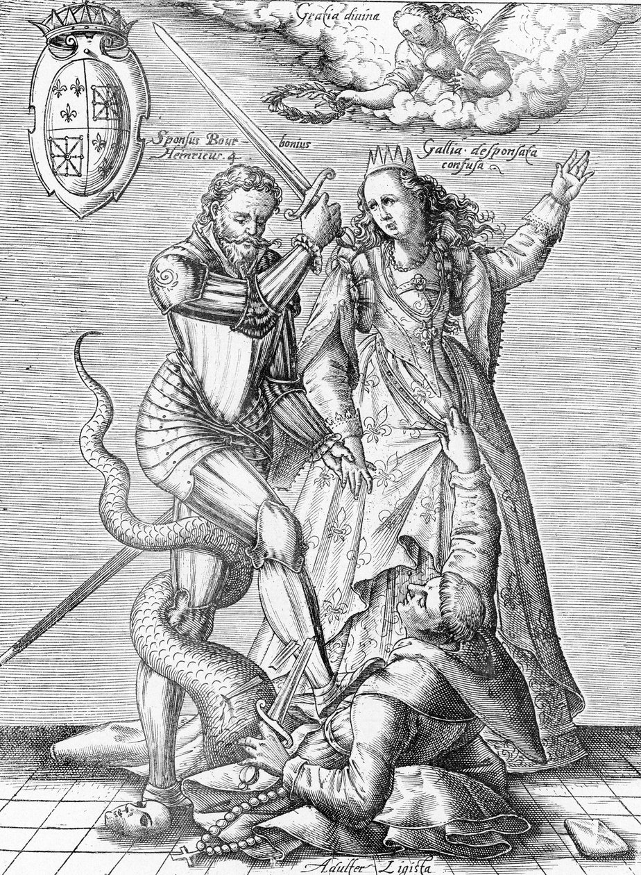 Allégorie de la mort de la Ligue catholique représentée comme un moine avec un corps de serpent tué par le roi de France Henri IV et la France. Fin du 19ème siècle (gravure de "Musée-Criminel" par Henri Varennes et Edgar Troimaux) - Unbekannter Künstler