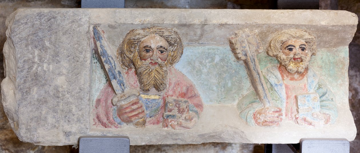 Retable. pierre polychrome. Seconde moitié du XIVe siècle. Origine ancienne église paroissiale de Torre de Rialb. Détail. Registre inférieur. Panneau gauche. Les évangélistes Paul Pierre. - Unbekannt