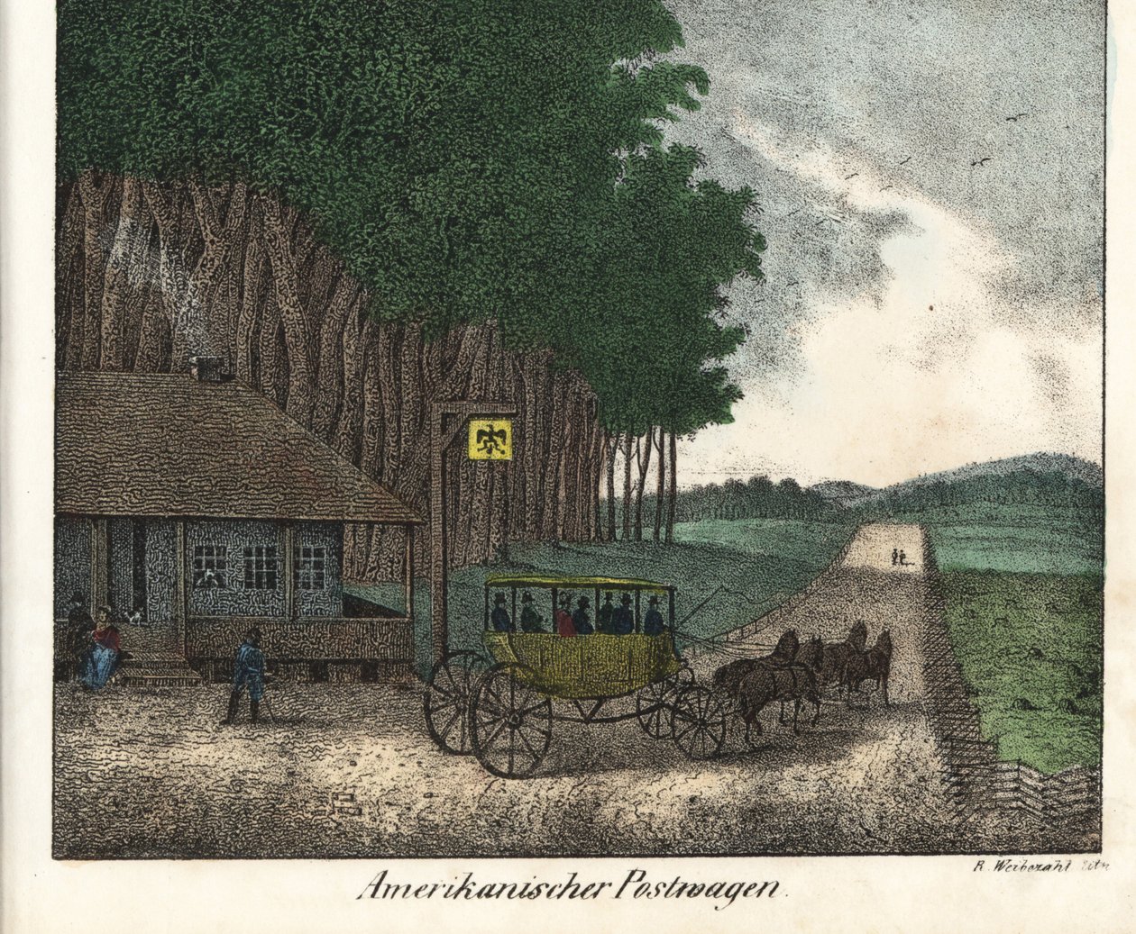Un bureau de poste américain et une diligence. Lithographie pour le livre : "Galerie complète en tableaux fidèles des peuples d