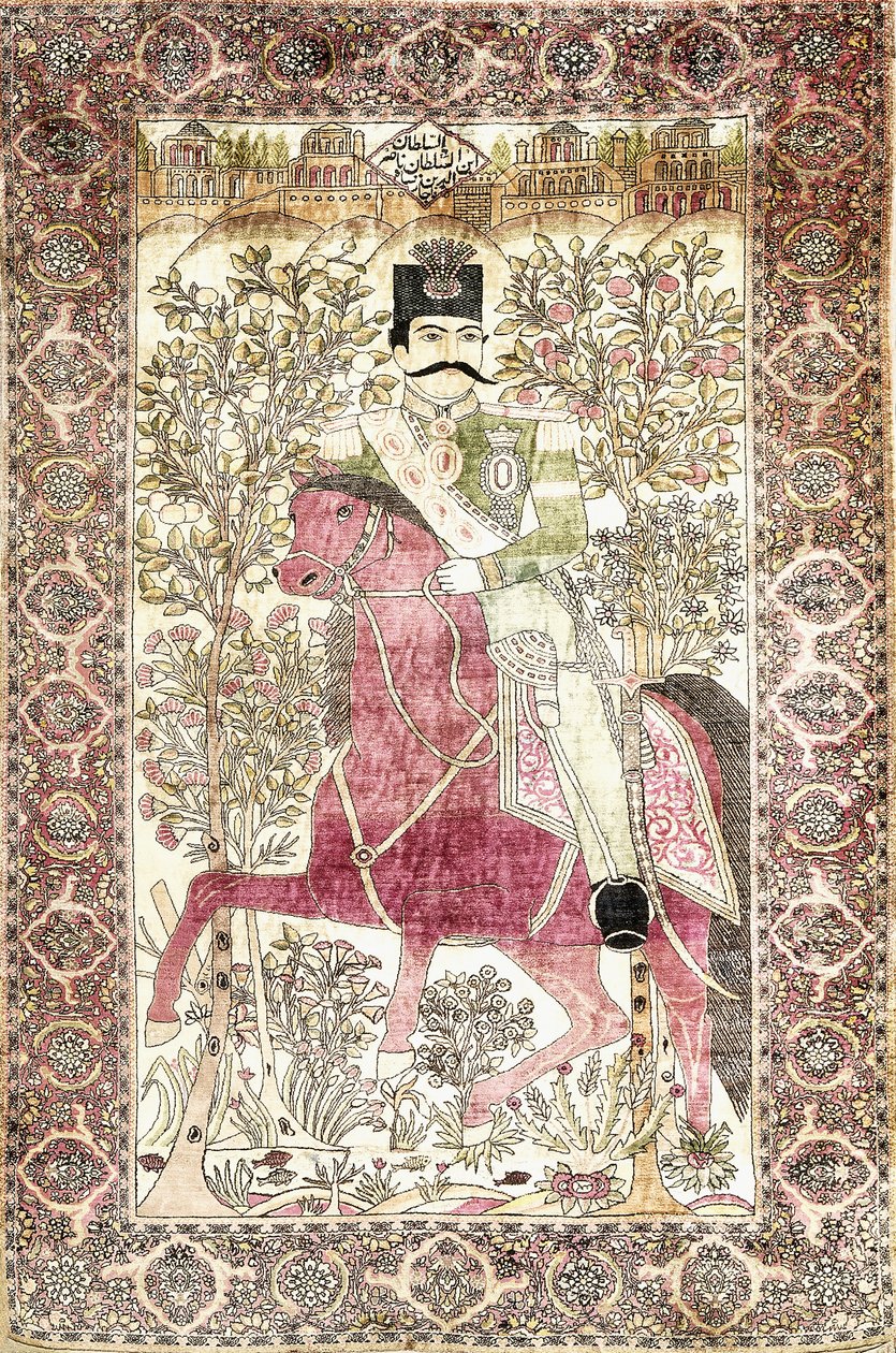 Tapis pictural antique en soie de Kashan "mochtasham", représentant la figure montée de Naser al-Din Shah - Unbekannt